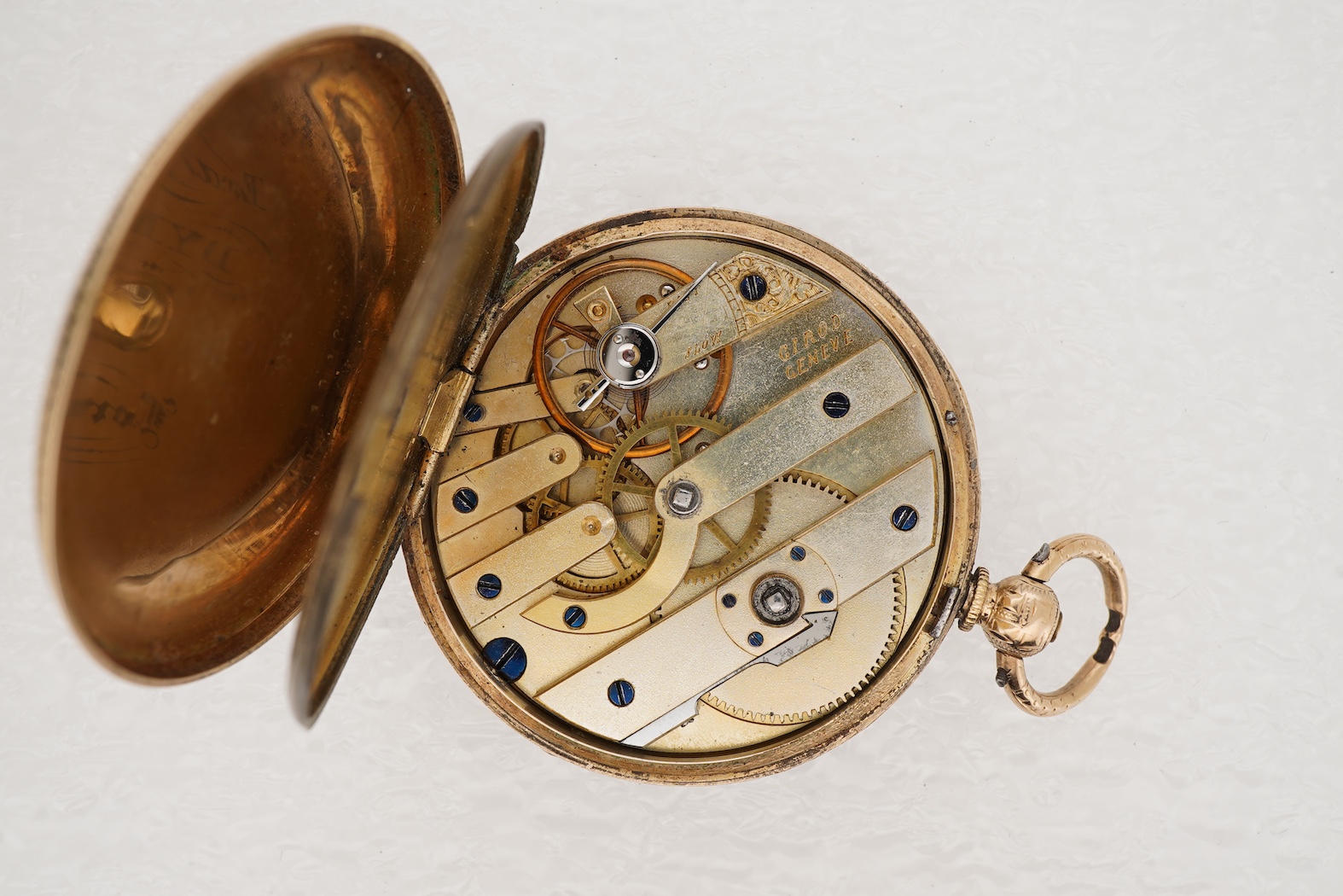 A 1930's Swiss 9ct gold rectangular cased jump hour digital manual wind wrist watch, case diameter 21mm, no strap, together with a continental engraved 14k gold open face keywind fob watch, with Roman dial, case diameter